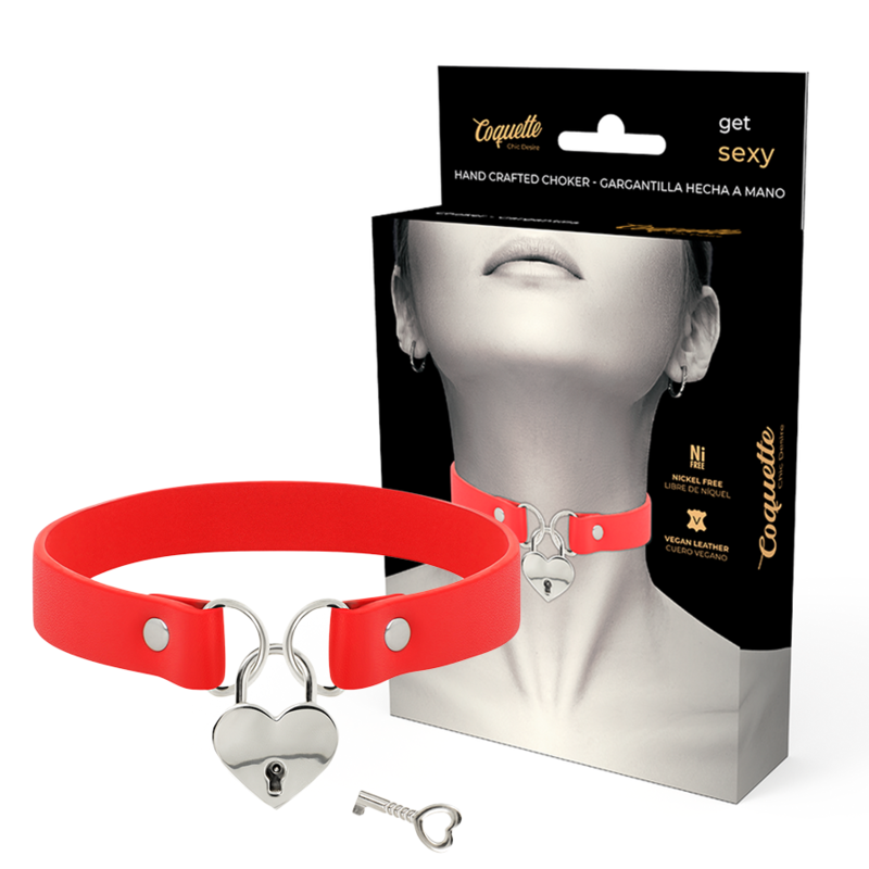 Coquette Chic Desire - Collana in Pelle Vegana Rossa con Accessorio Cuore con Chiave