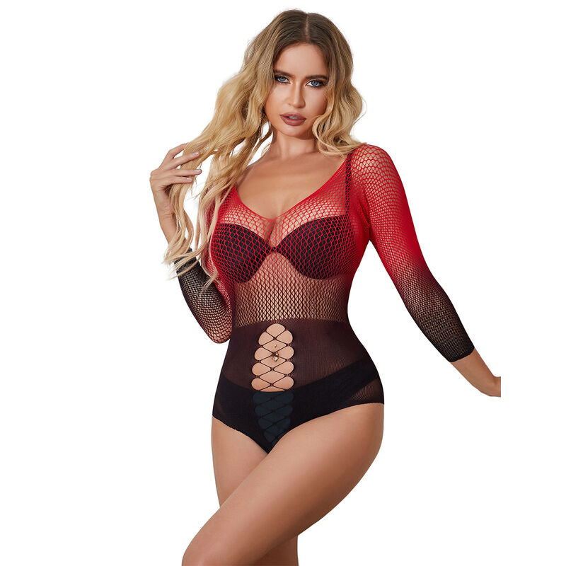 Subblime - 952259 Vestito Elastico a Rete Manica Lunga Sfumato Rosso e Nero Taglia Unica