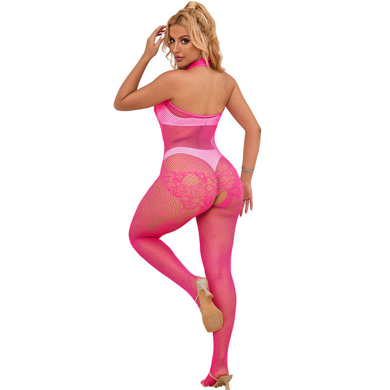 Subblime - 952389 Bodystocking a Rete e Pizzo senza Cavallo con Collo Alto Rosa Taglia Unica