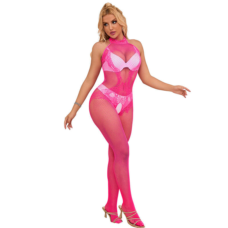 Subblime - 952389 Bodystocking a Rete e Pizzo senza Cavallo con Collo Alto Rosa Taglia Unica
