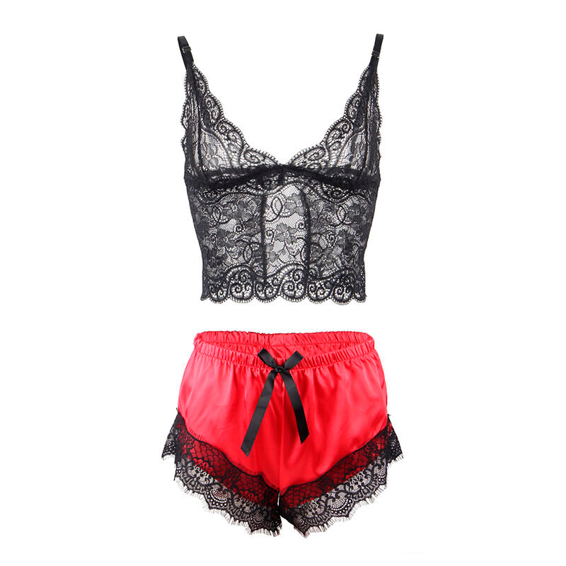 Subblime - 953966 Vestaglia da Notte Casual in Seta + Pantaloni in Pizzo Nero/rosso L/XL