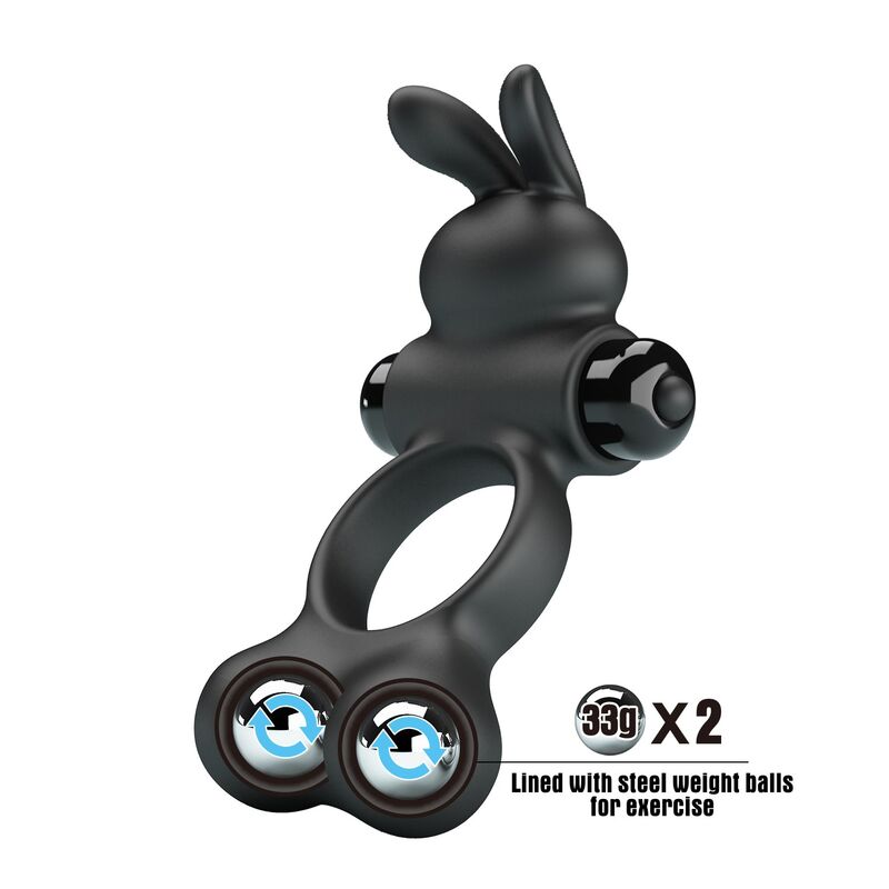 Pretty Love - Anello per Pene Vibrante con Stimolatore a Forma di Coniglietto, 10 Funzioni, Nero